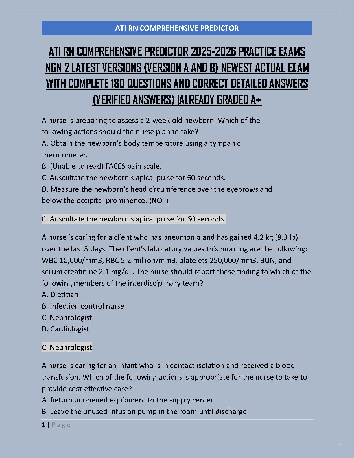 ATI RN NCLEX NGN Exam Prep 2026: 180 Verified Q&A
