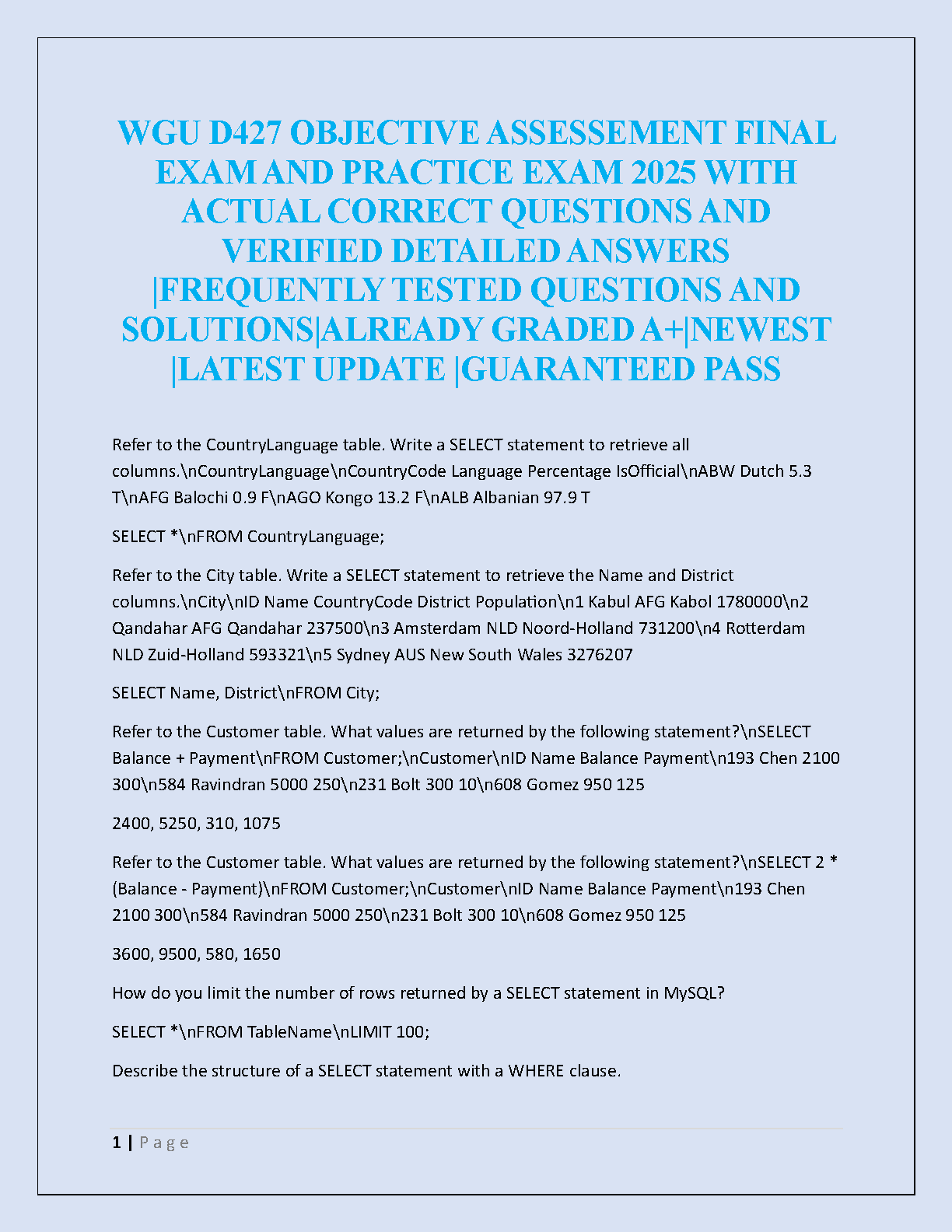 WGU D427 Exam Guide 2025: Verified Questions & Answers