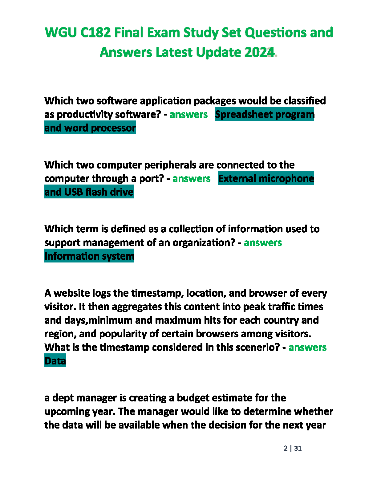WGU C182 Intro to IT Final Exam Test Bank 2024