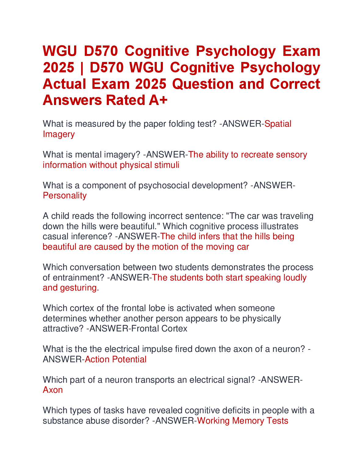 WGU D570 Cognitive Psych Exam 2025 Q&A Guide