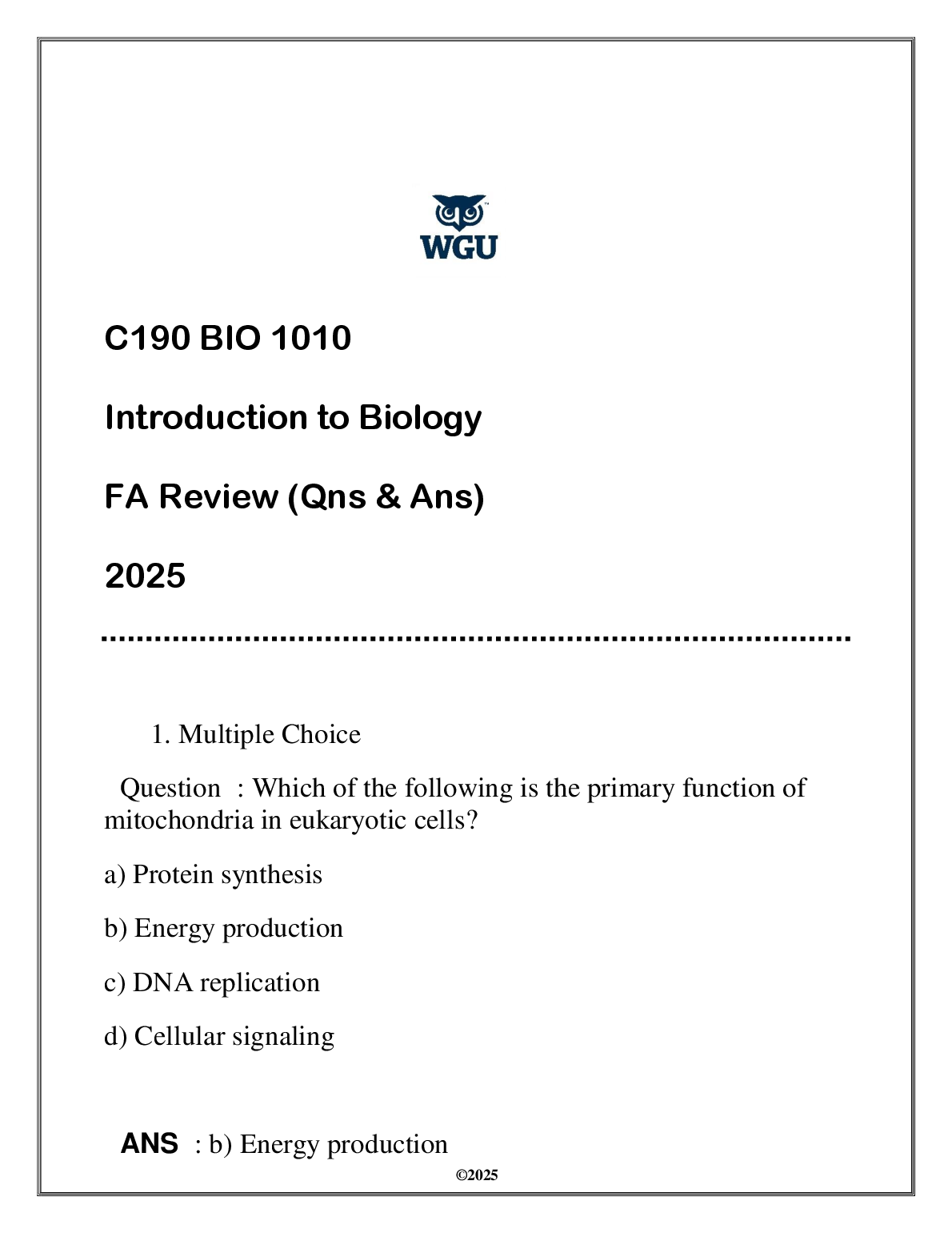 WGU C190 Bio 1010 Intro Biology FA Test Bank 2025/26
