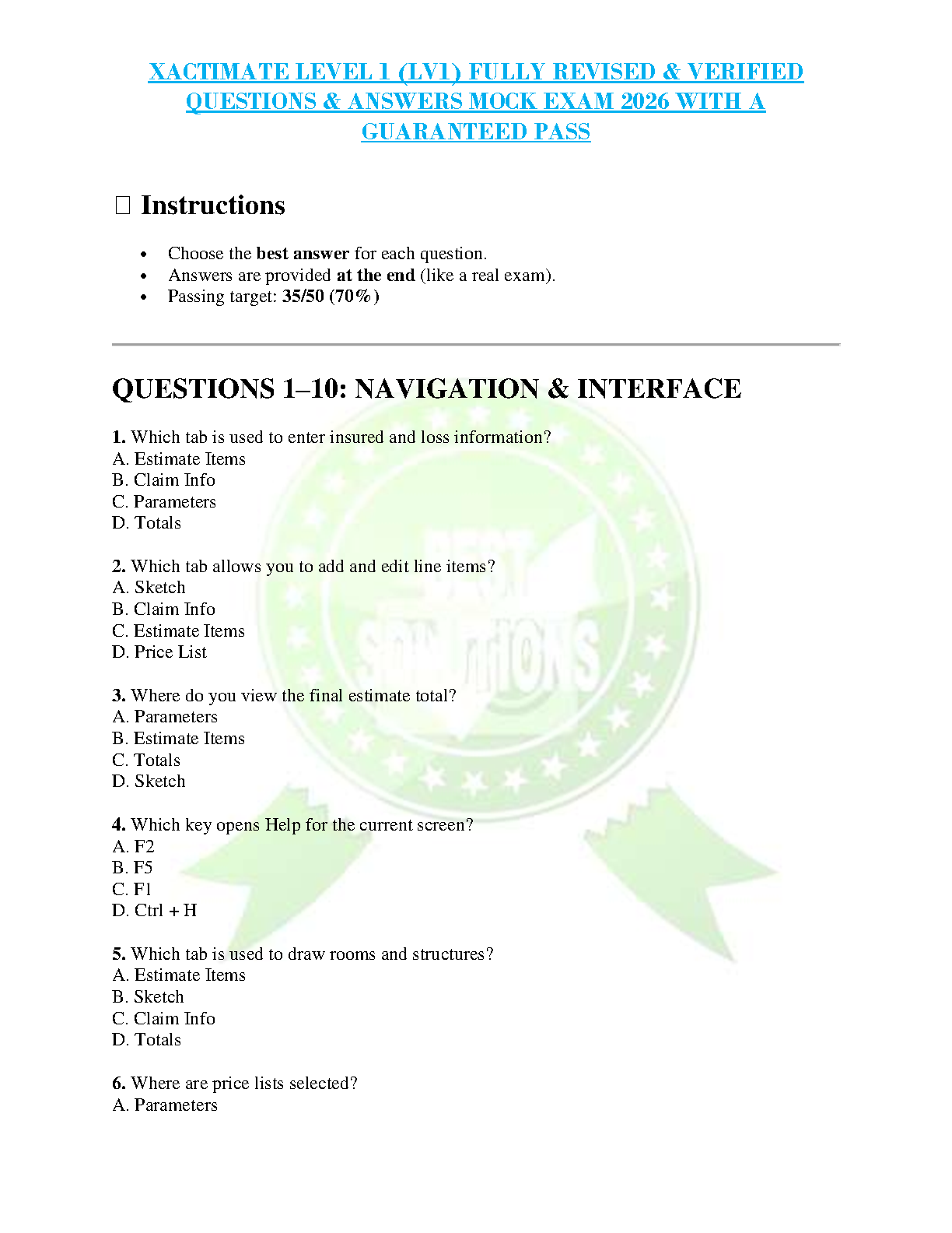 Xactimate LV1 Test Bank 2026/27 Practice Questions