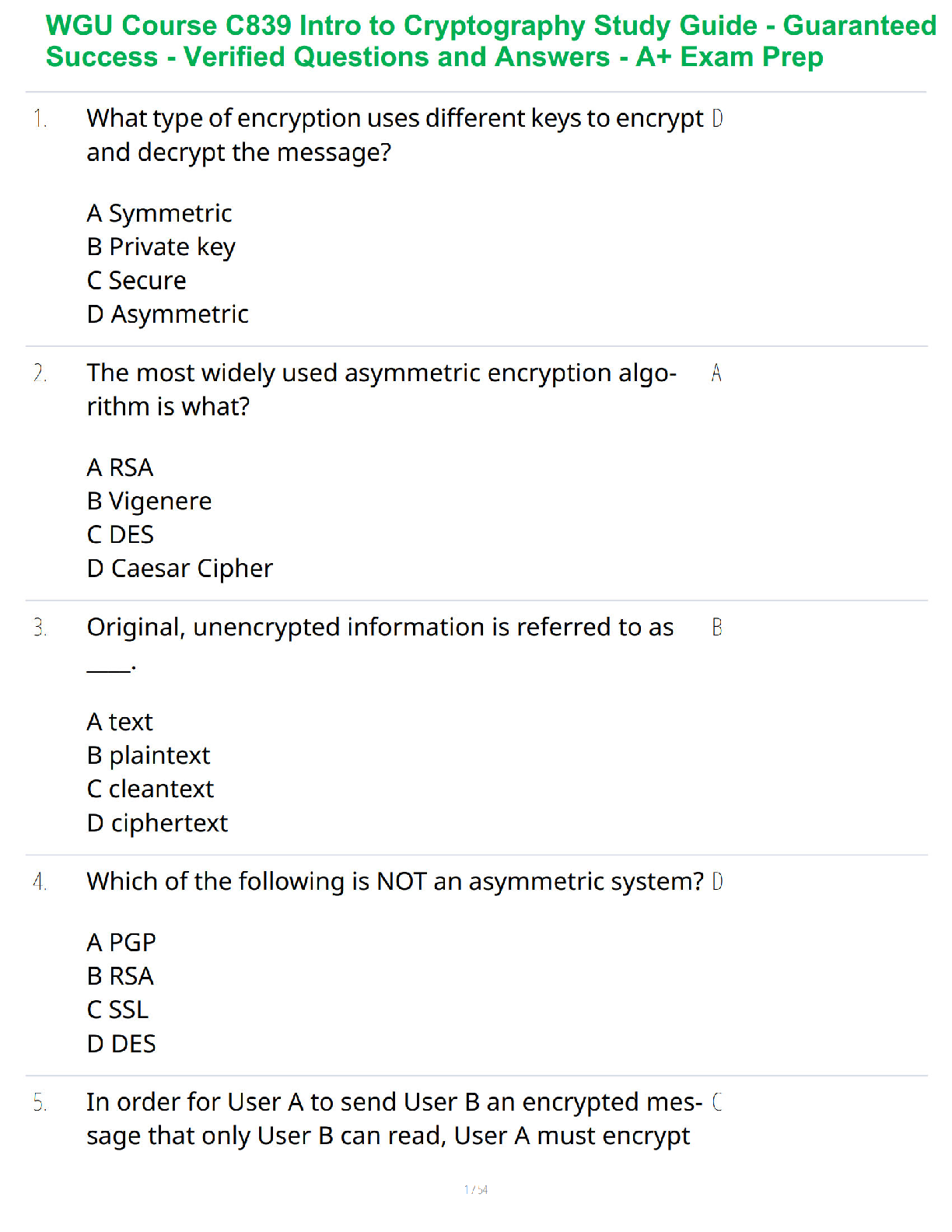 WGU C839 Cryptography Study Guide 2026 Verified Q&A