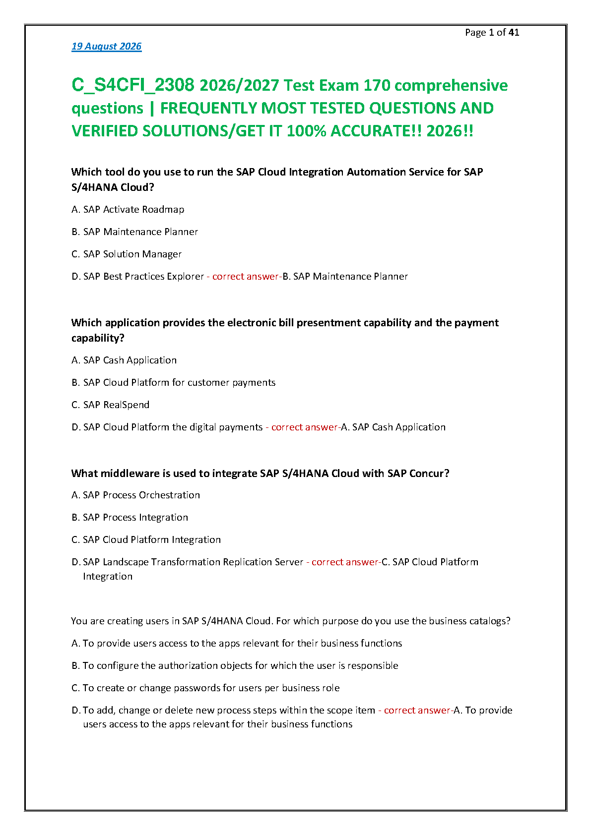 SAP C_S4CFI_2308 Test Bank Questions and Answers