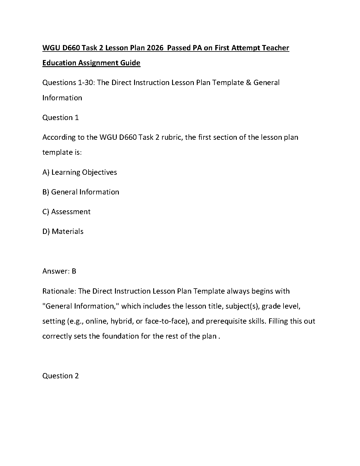WGU D660 Task 2 Lesson Plan Guide 2026 Study Resource