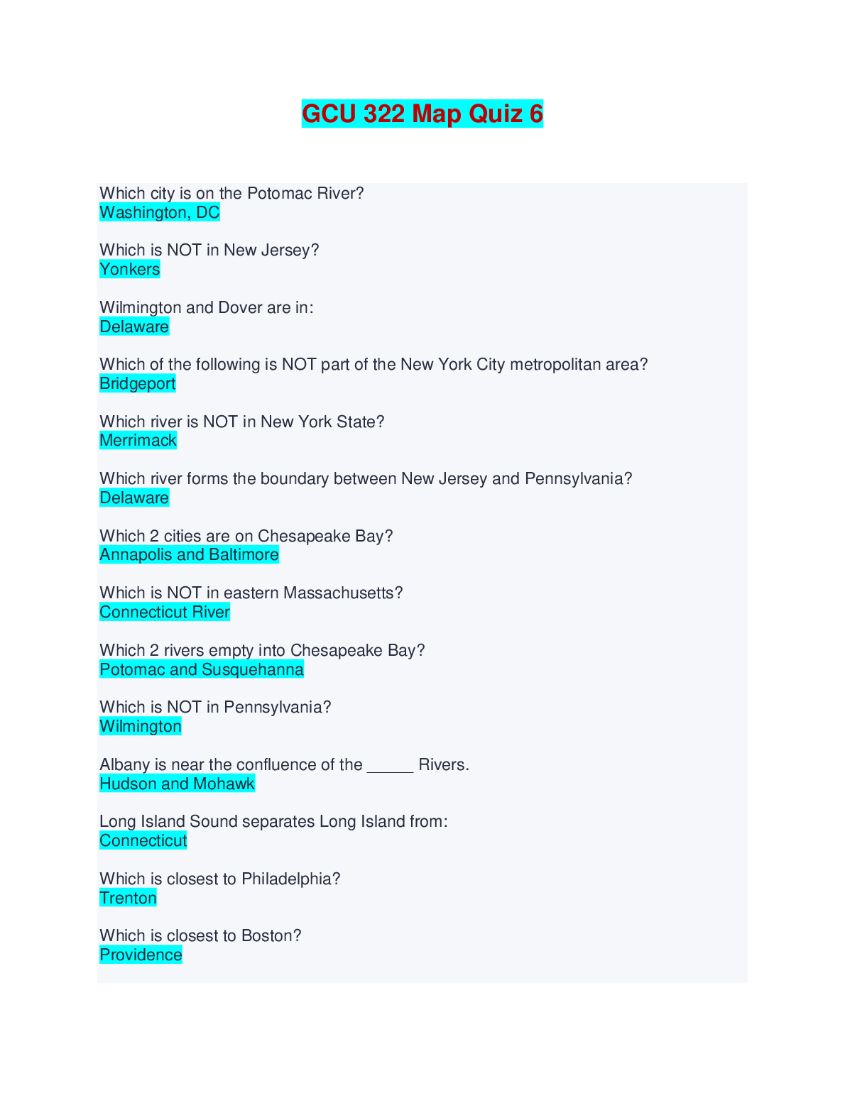 GCU 322 Map Quiz 6 Study Guide 2026/27