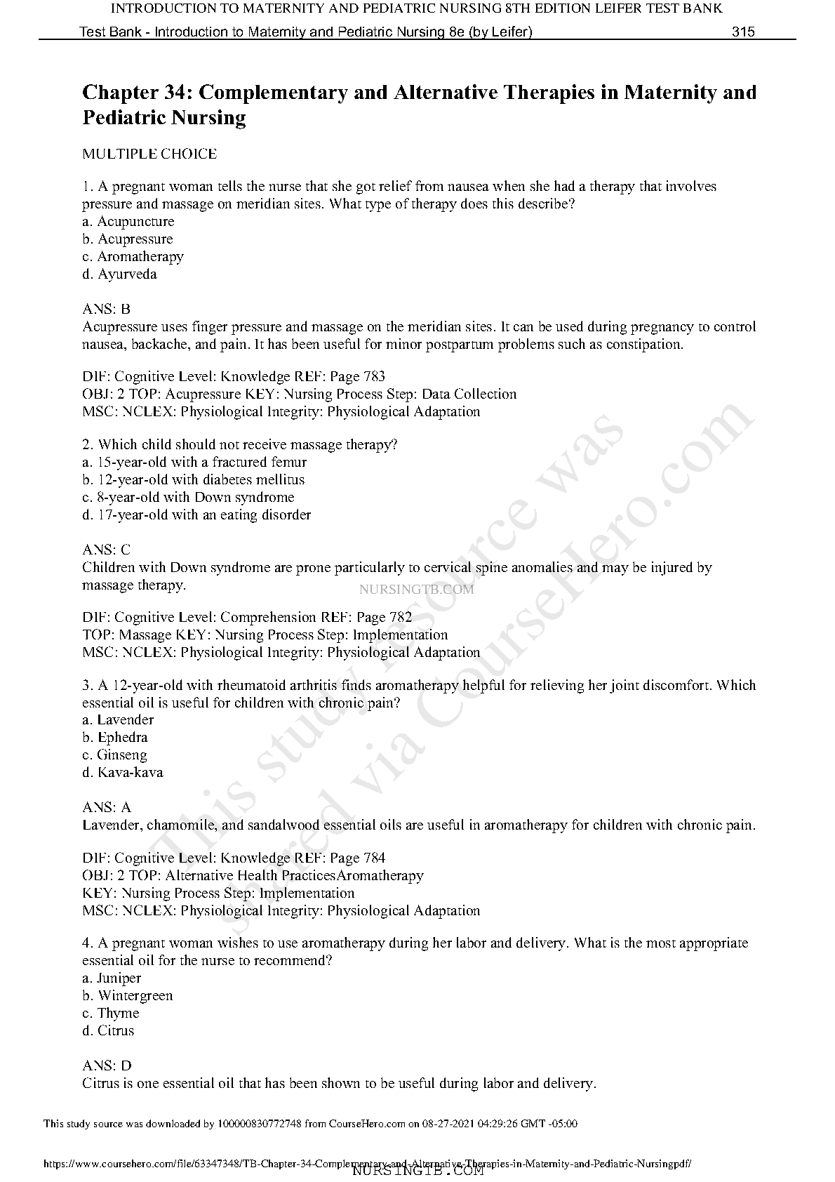 Leifers Nursing Test Bank 2026-27 Alternative Therapies