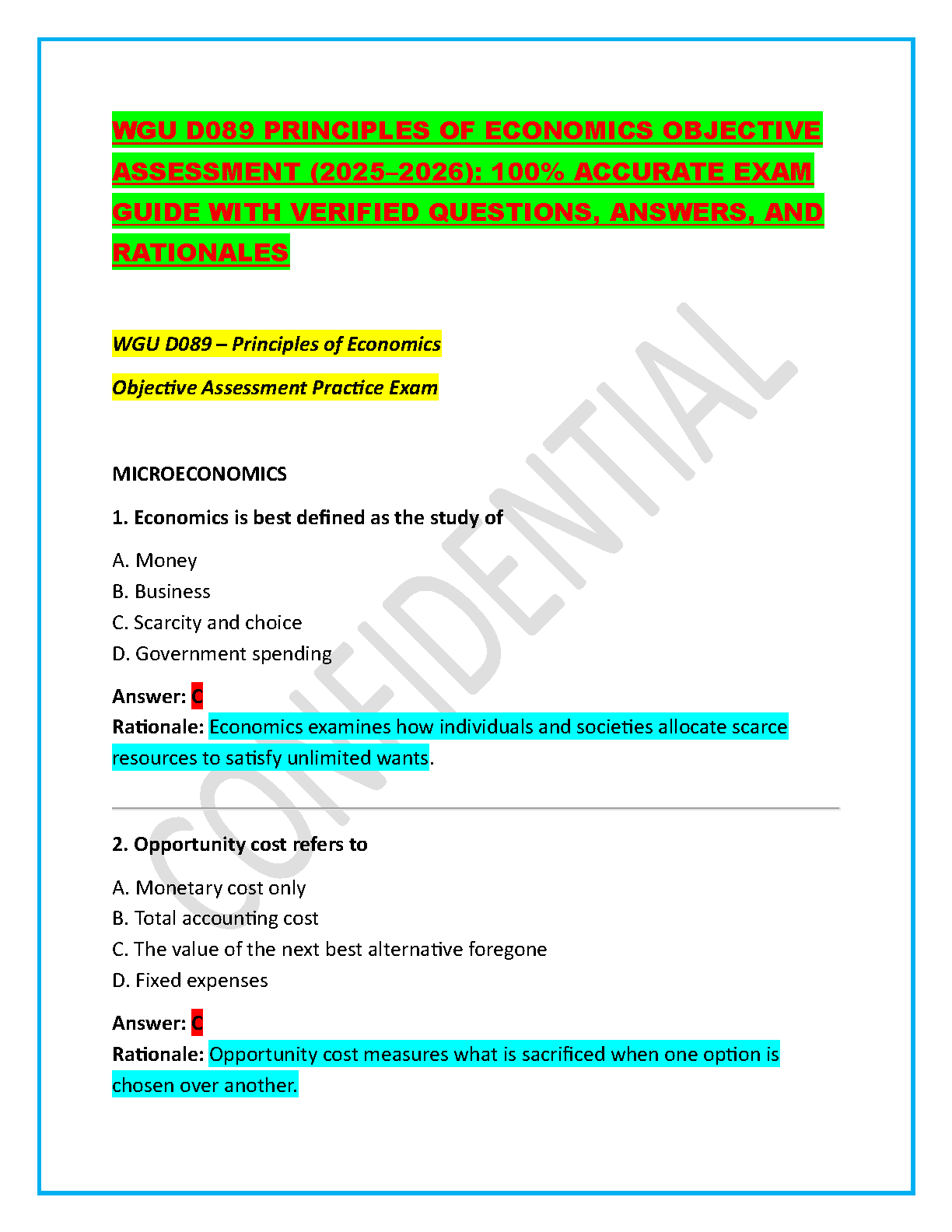 WGU D089 Principles of Economics Test Bank 2025-2026 Answers