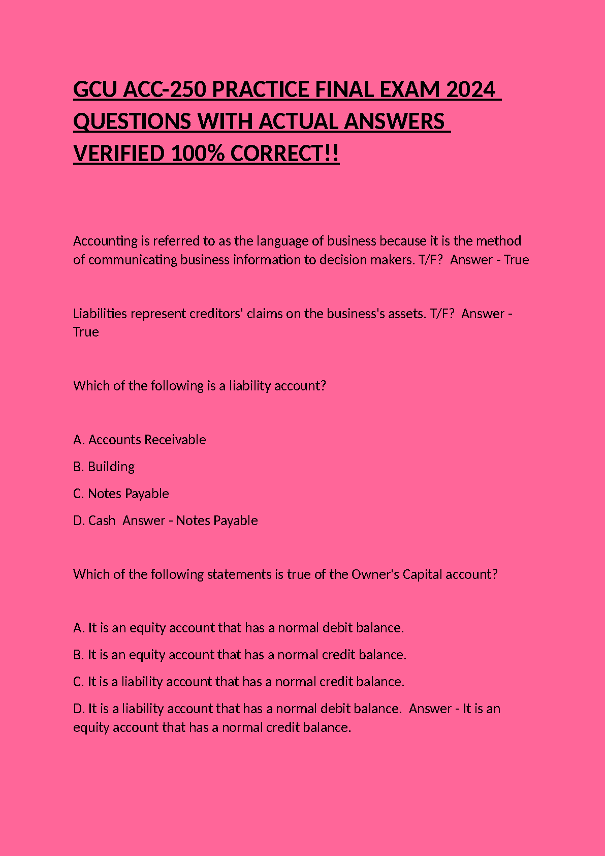 GCU ACC-250 Practice Final Exam 2026/27 Verified Q&A