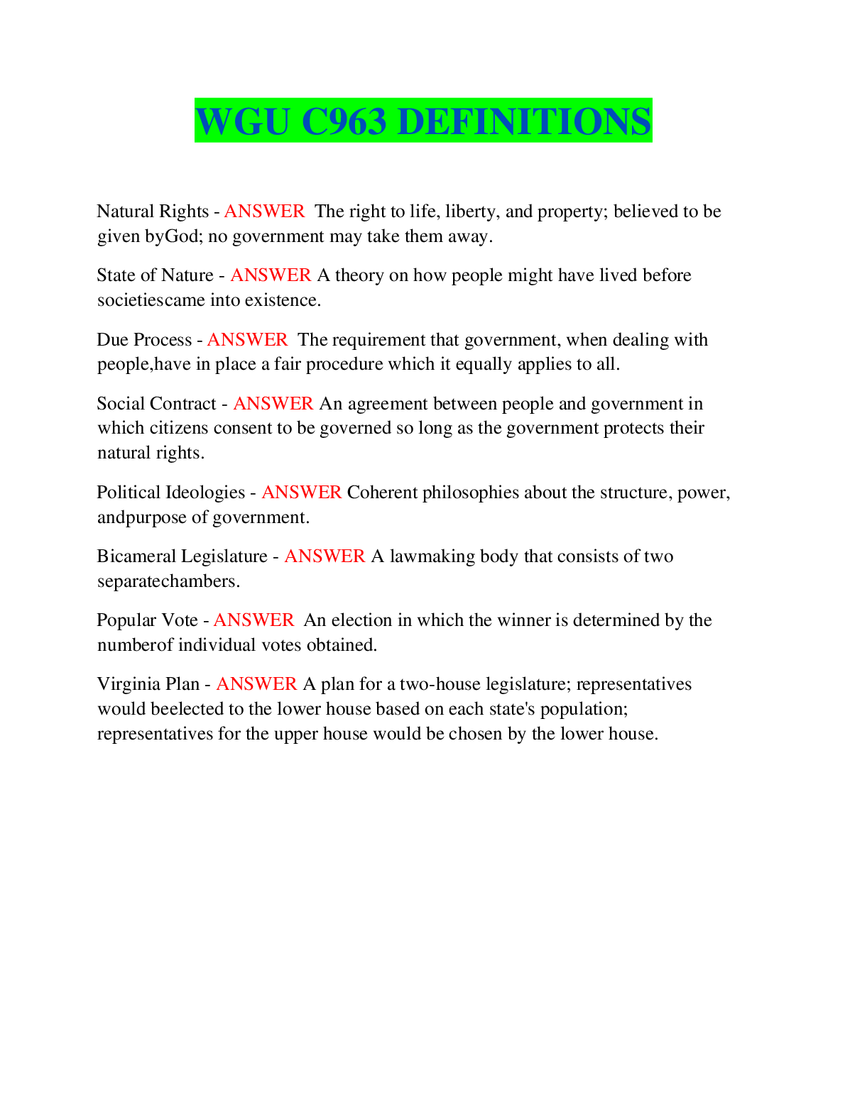 WGU C963 US Constitution Key Definitions Study Guide 2025/2026