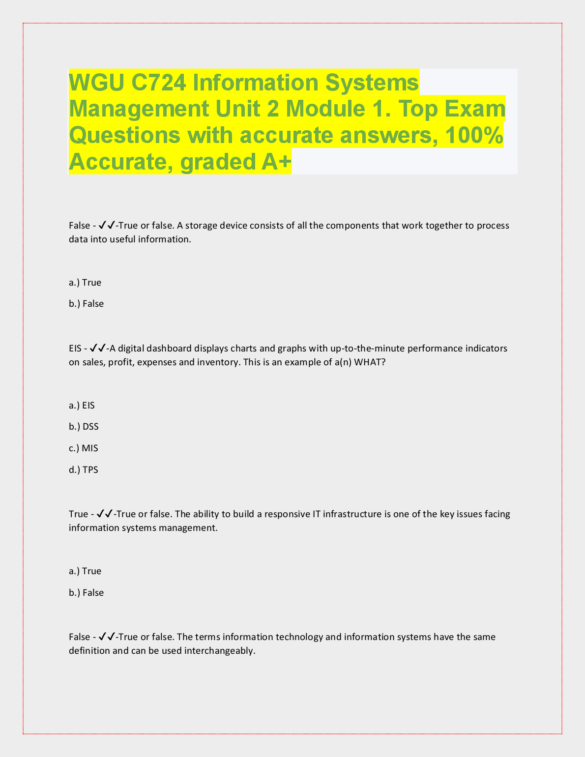 WGU C724 Info Systems Mgmt Unit 2 Mod 1 Study Guide