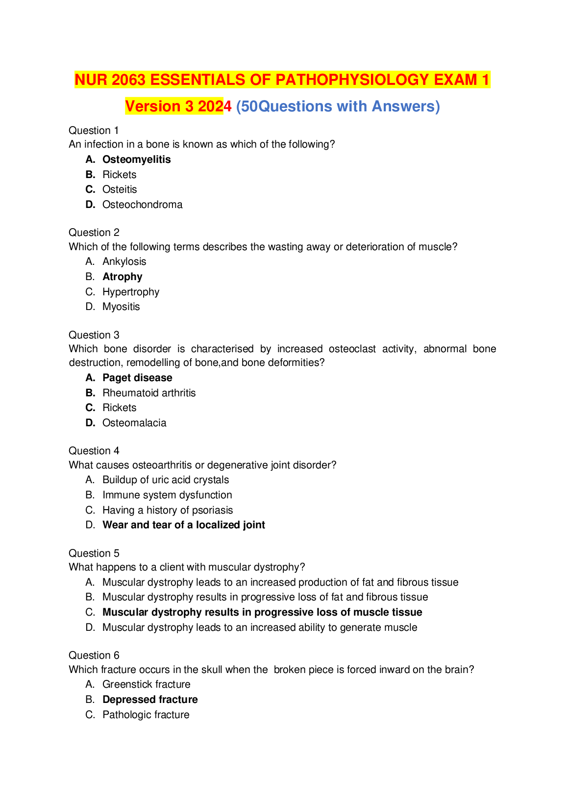NUR 2063 Patho Exam 1 Test Bank 2025/26 Verified Qs
