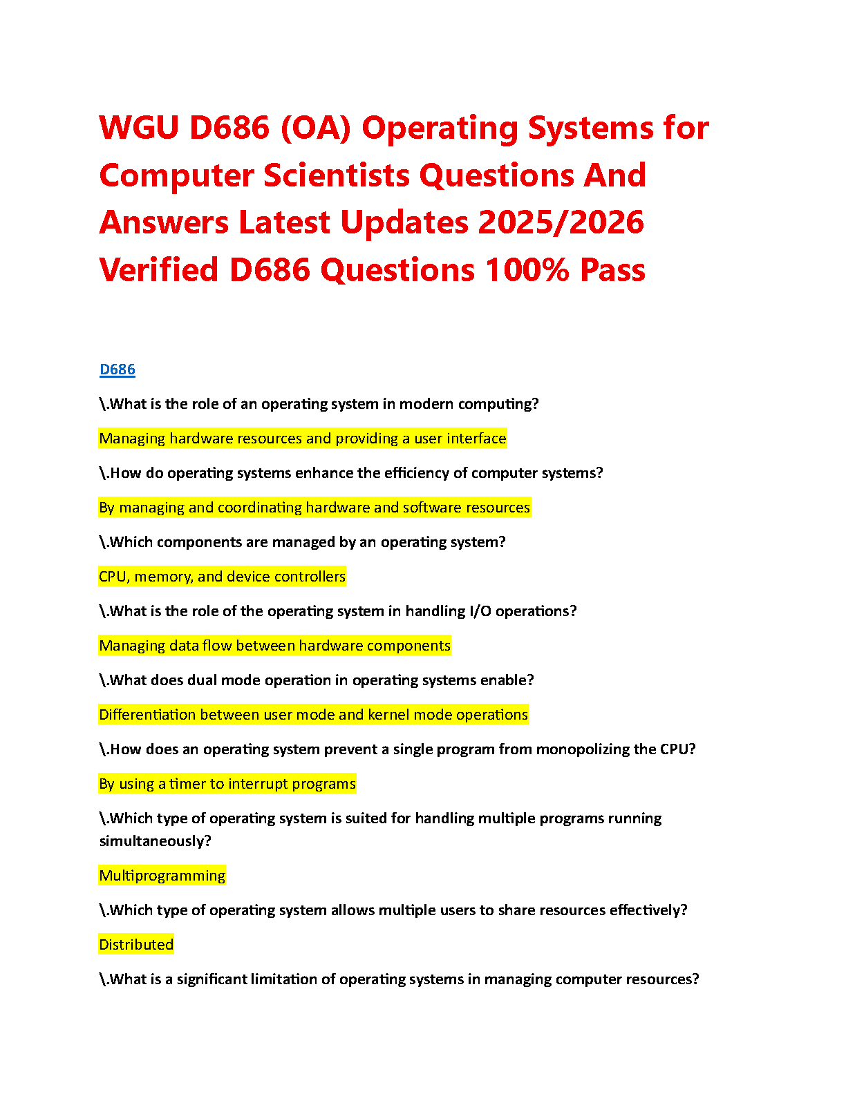 WGU D686 Operating Systems OA Test Bank 2025