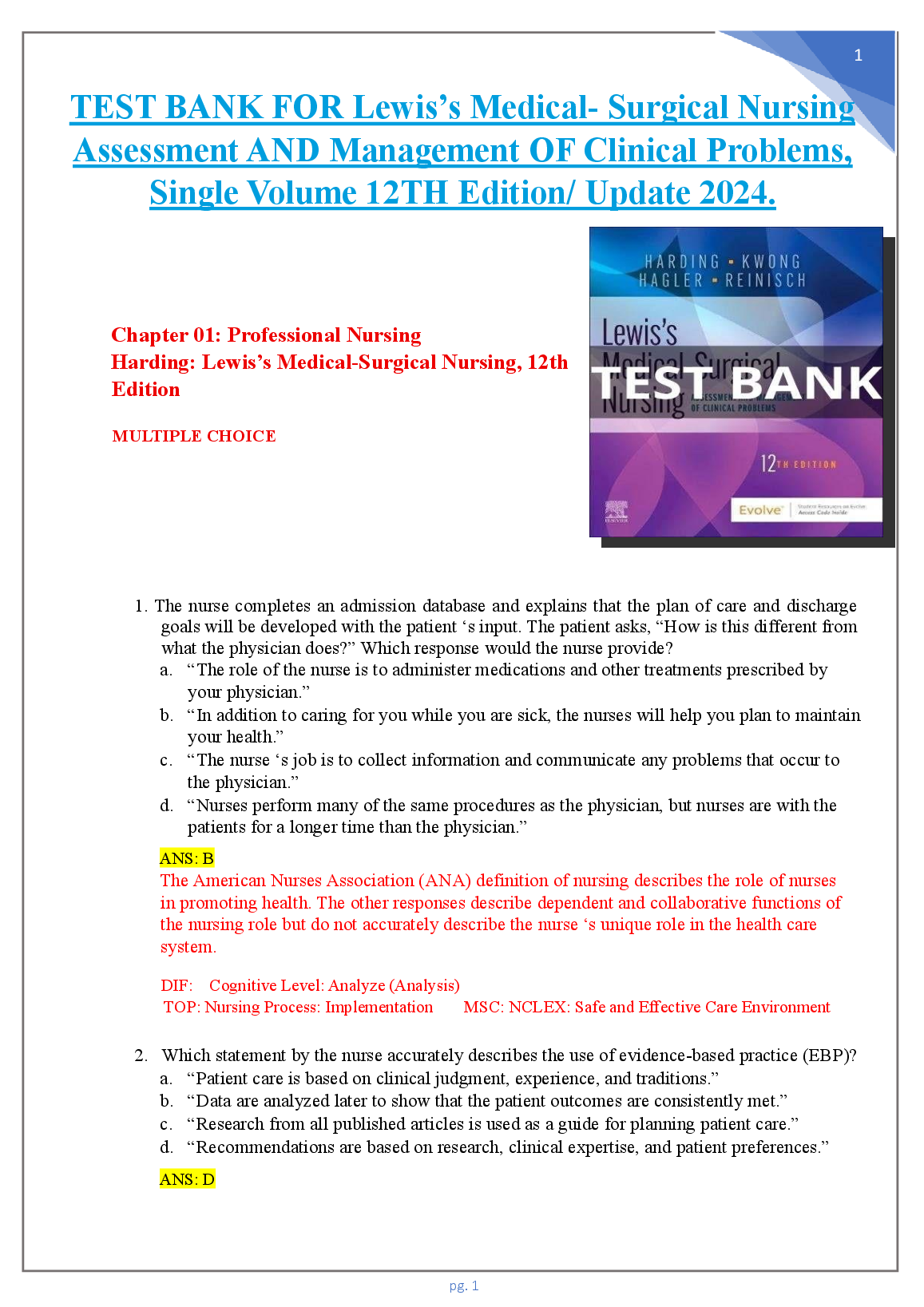 Lewis Med Surg Nursing 12e Test Bank 2026/27