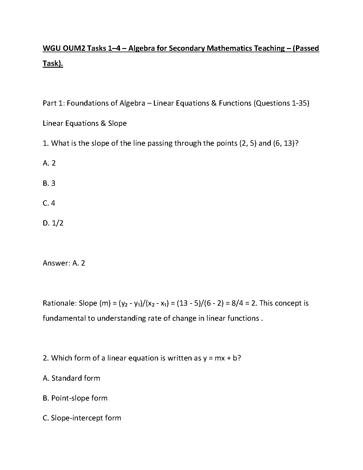 WGU OUM-2 Algebra Study Guide Tasks 1-4 with Answers