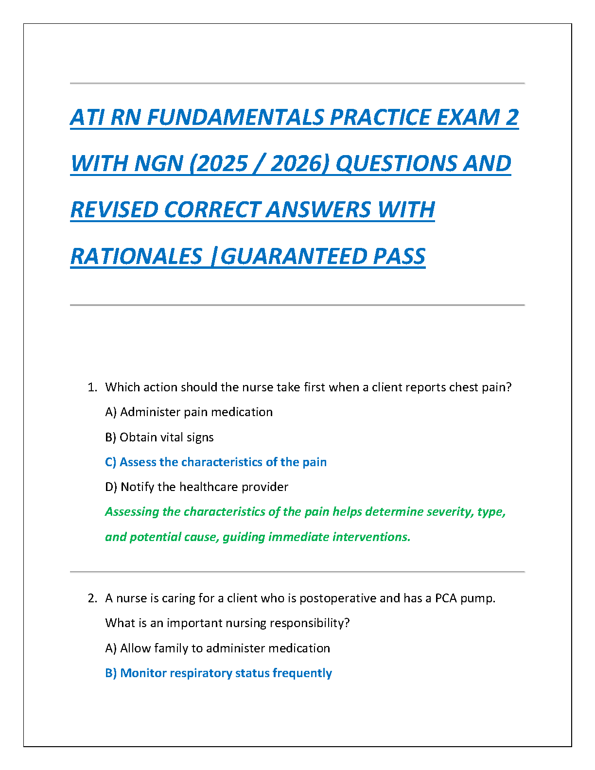 ATI RN Fundamentals Practice Exam 2 with NGN Rationales 2026 IMG-1