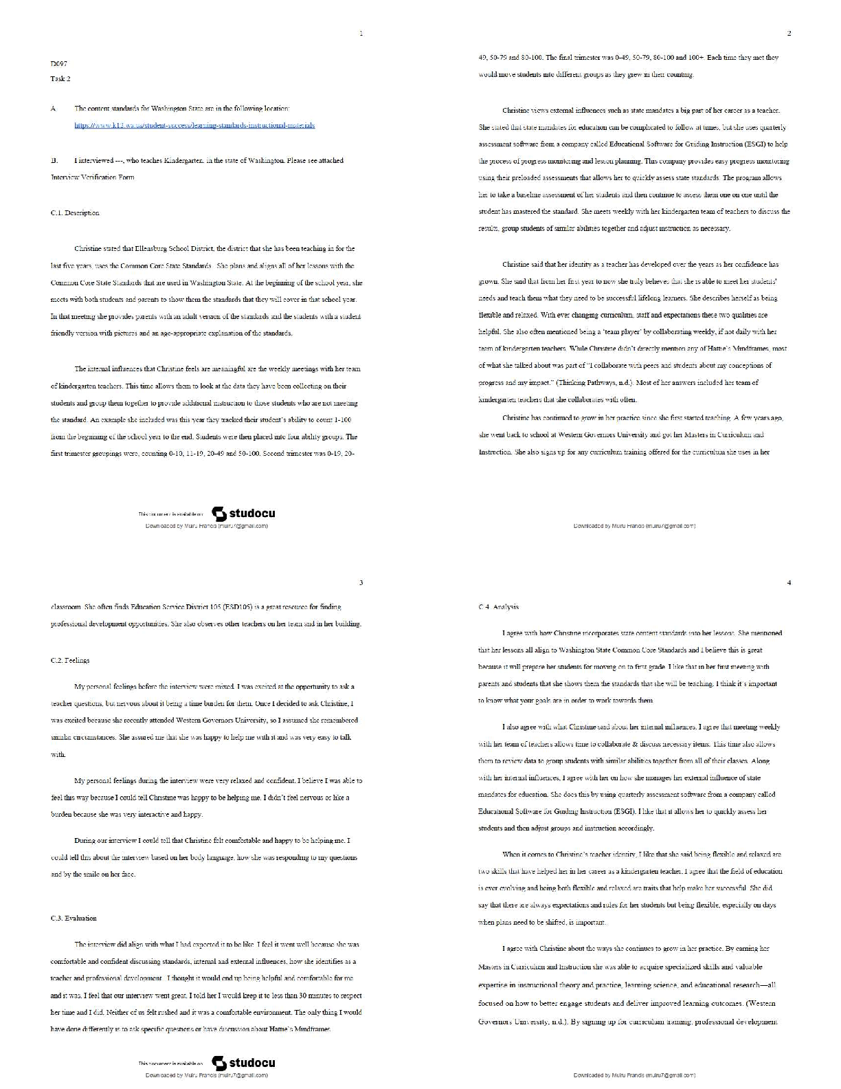WGU D097 Task 2 Example: Kindergarten Teacher Interview Analysis IMG-1