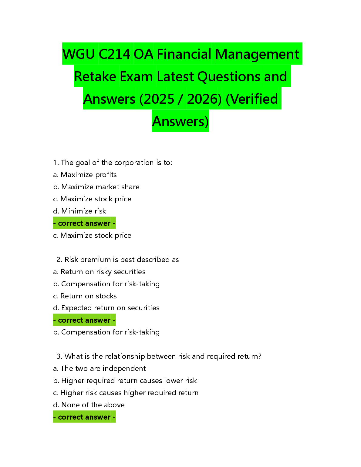 WGU C214 Financial Management OA Study Guide 2025