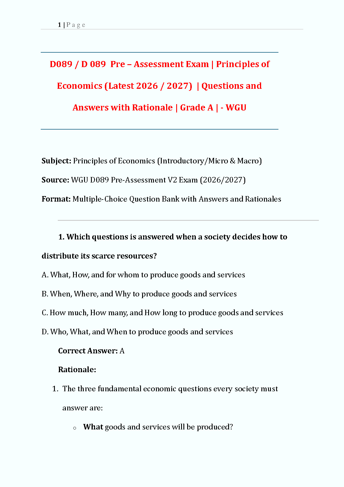 WGU D089 Economics Pre-Assessment Test Bank 2026 V2