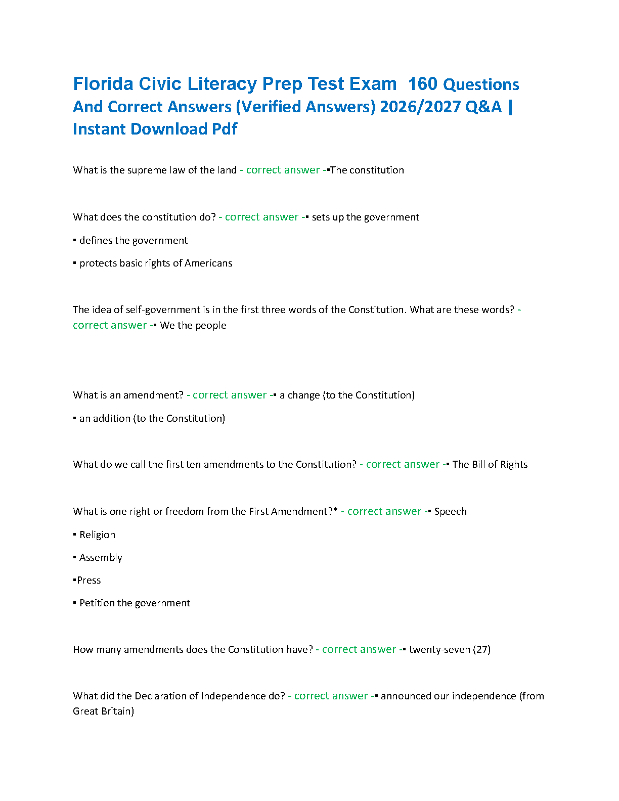 Florida Civic Literacy Test Prep 2026/27 | 160 Qs & A IMG-1