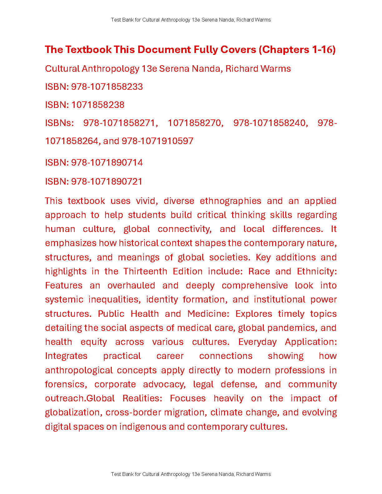 Cultural Anthro Test Bank Nanda Warms 13e Complete