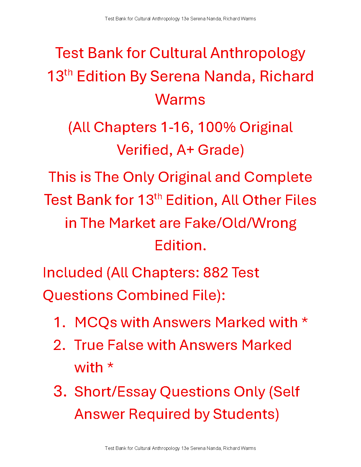 Cultural Anthro Test Bank Nanda Warms 13e Complete