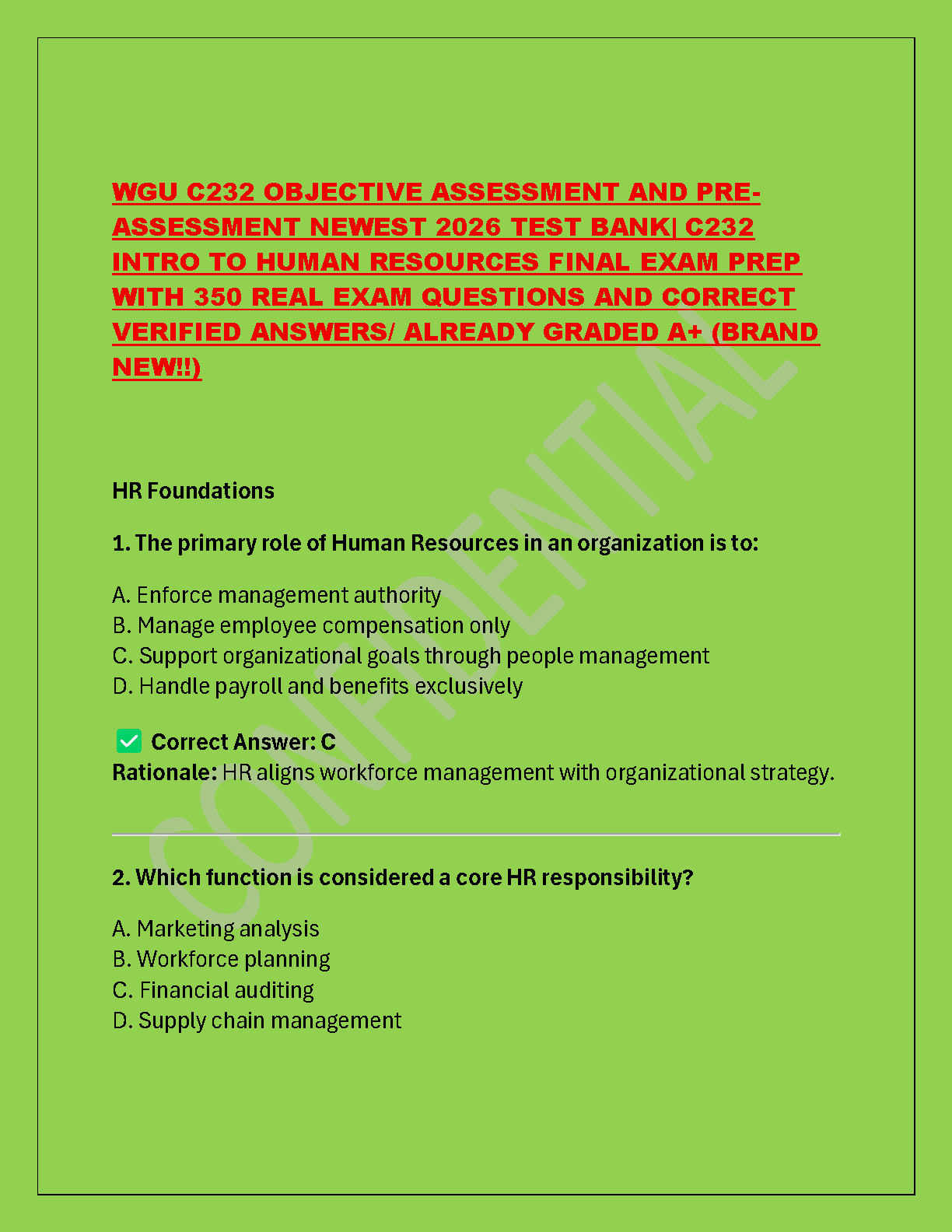 WGU C232 HR Test Bank 2026: 350+ Verified Qs and Answers