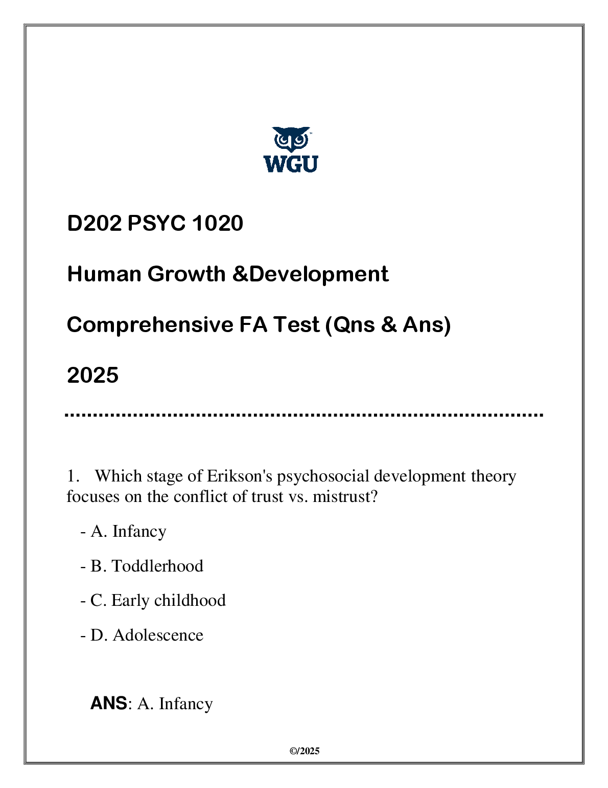 PSYC 1020 Human Growth Dev Test Bank WGU