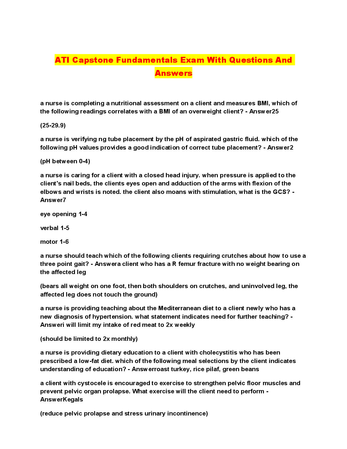 ATI Capstone Fundamentals Exam Qs & Answers 2026/27