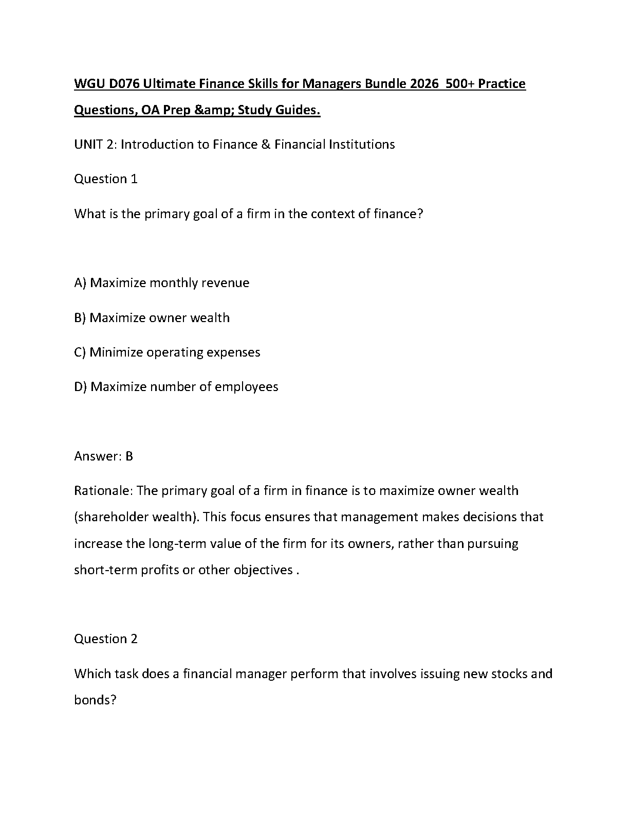 WGU D076 Finance Skills for Managers 2026 OA Prep Guide IMG-1