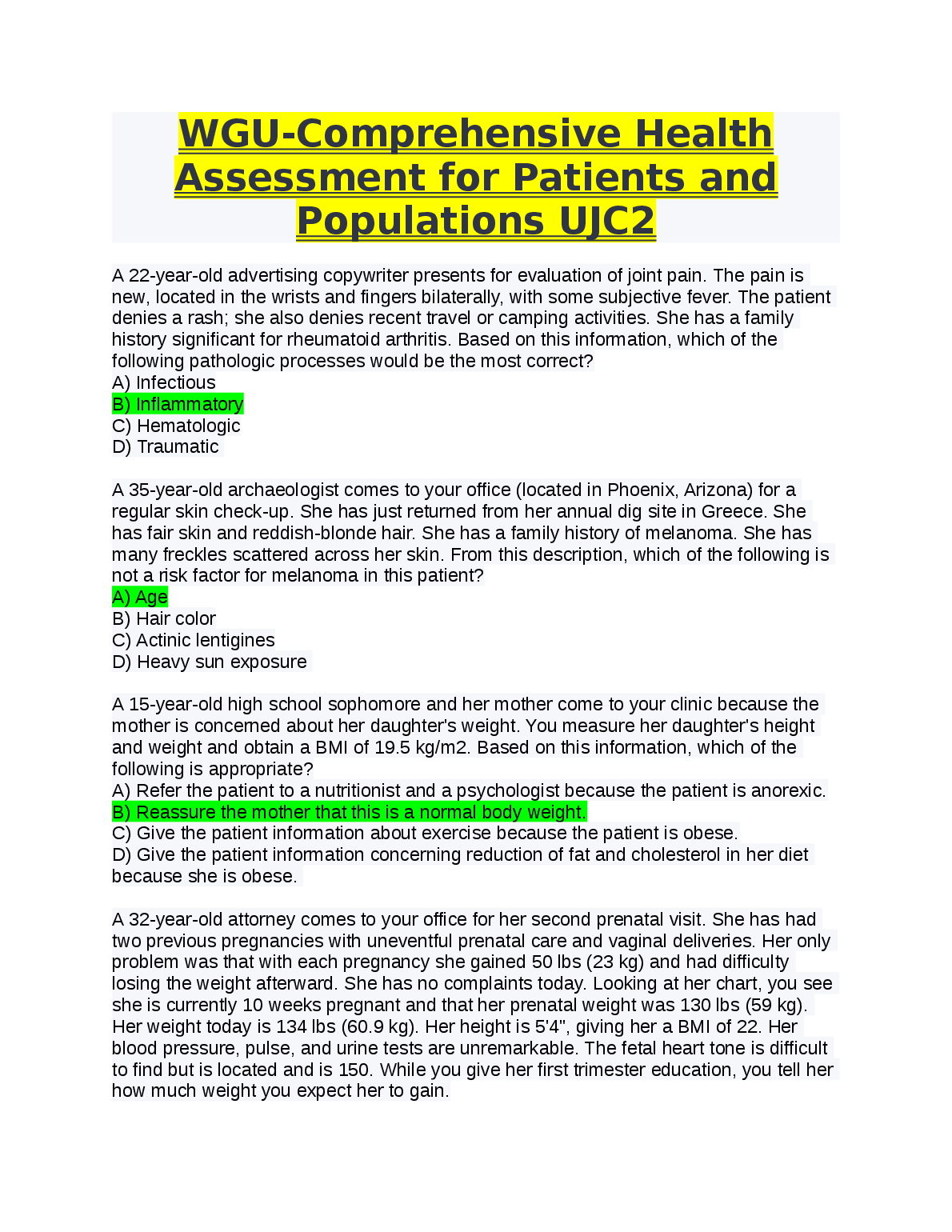 WGU UJC2 Health Assessment Test Bank Questions Answers