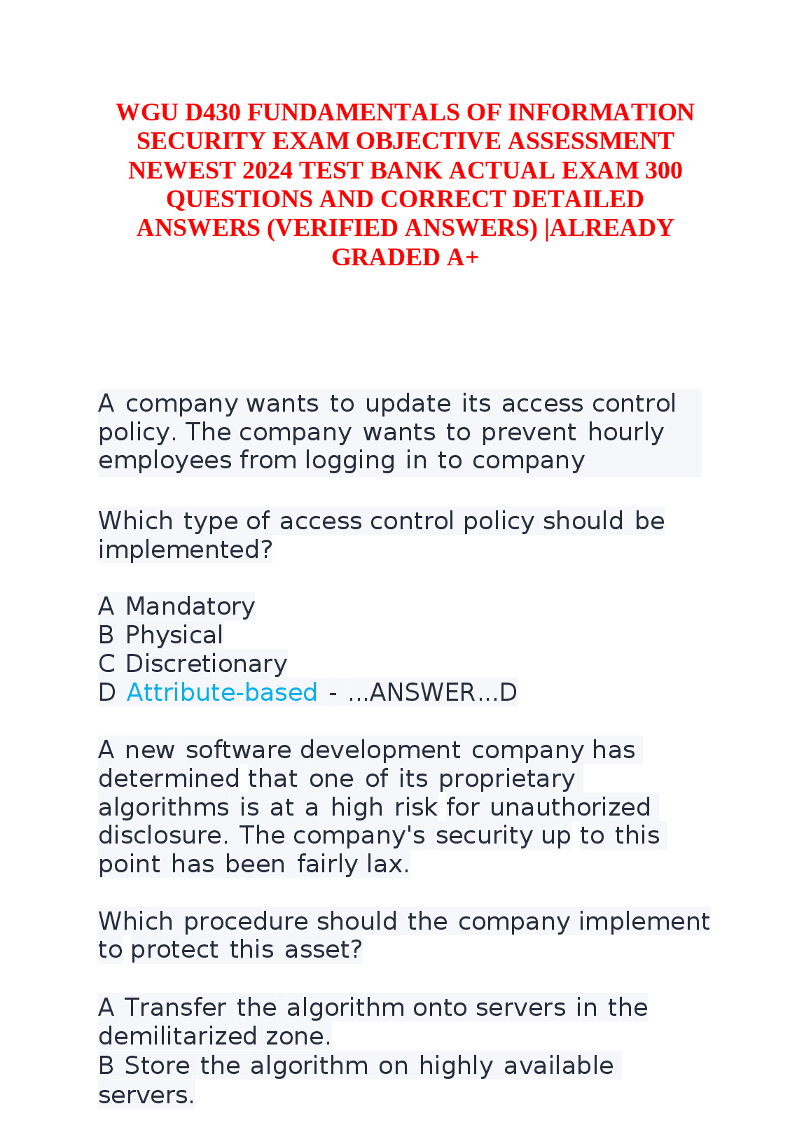 WGU D430 Info Sec Test Bank 2024