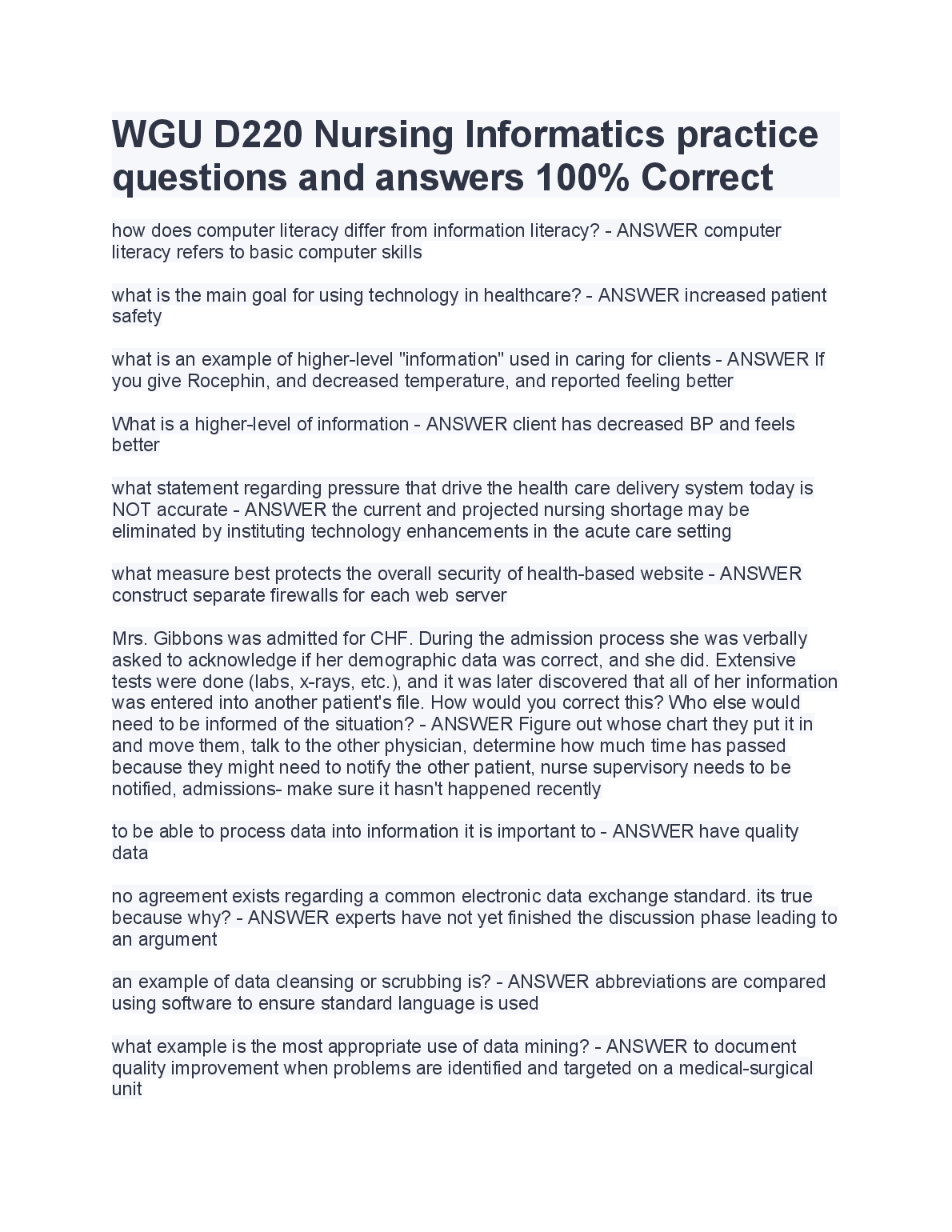 WGU D220 Nursing Informatics Test Bank with Verified Answers