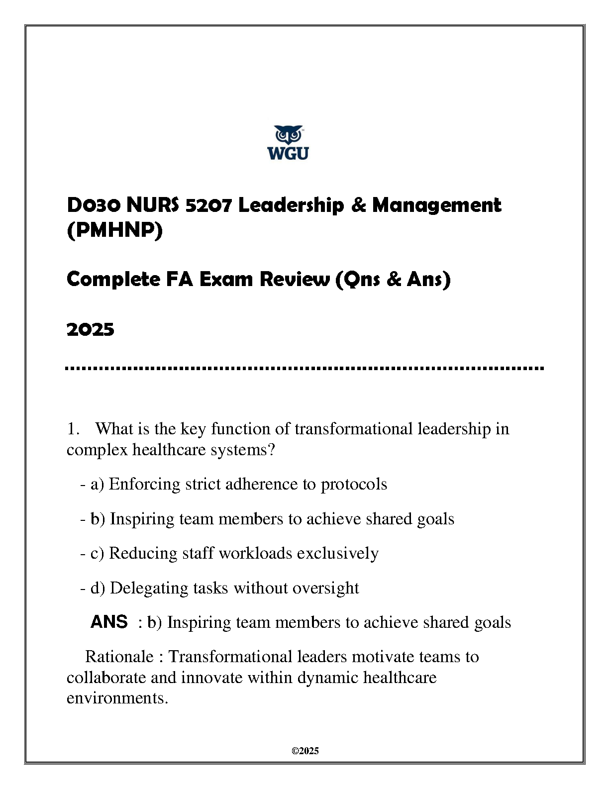 NURS 5207 Leadership & Mgmt PMHNP FA Exam Review