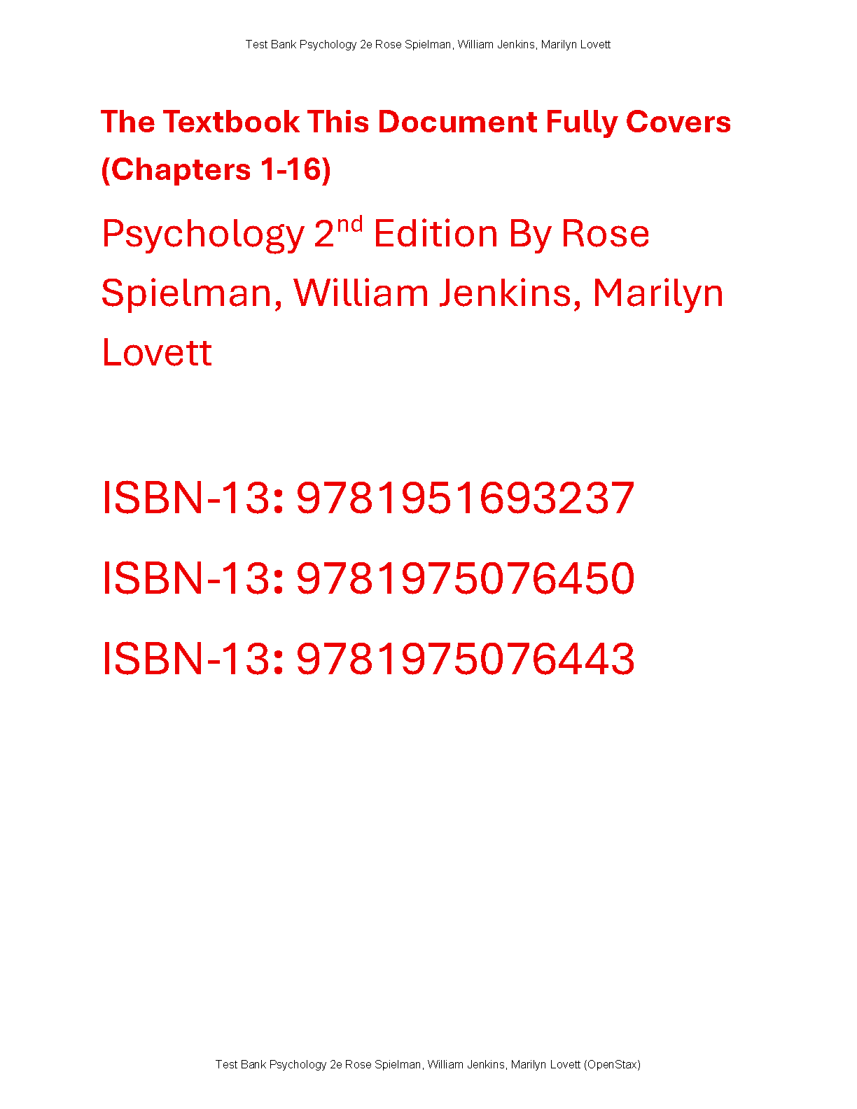 Psychology Test Bank Spielman 2nd Ed Complete Answers