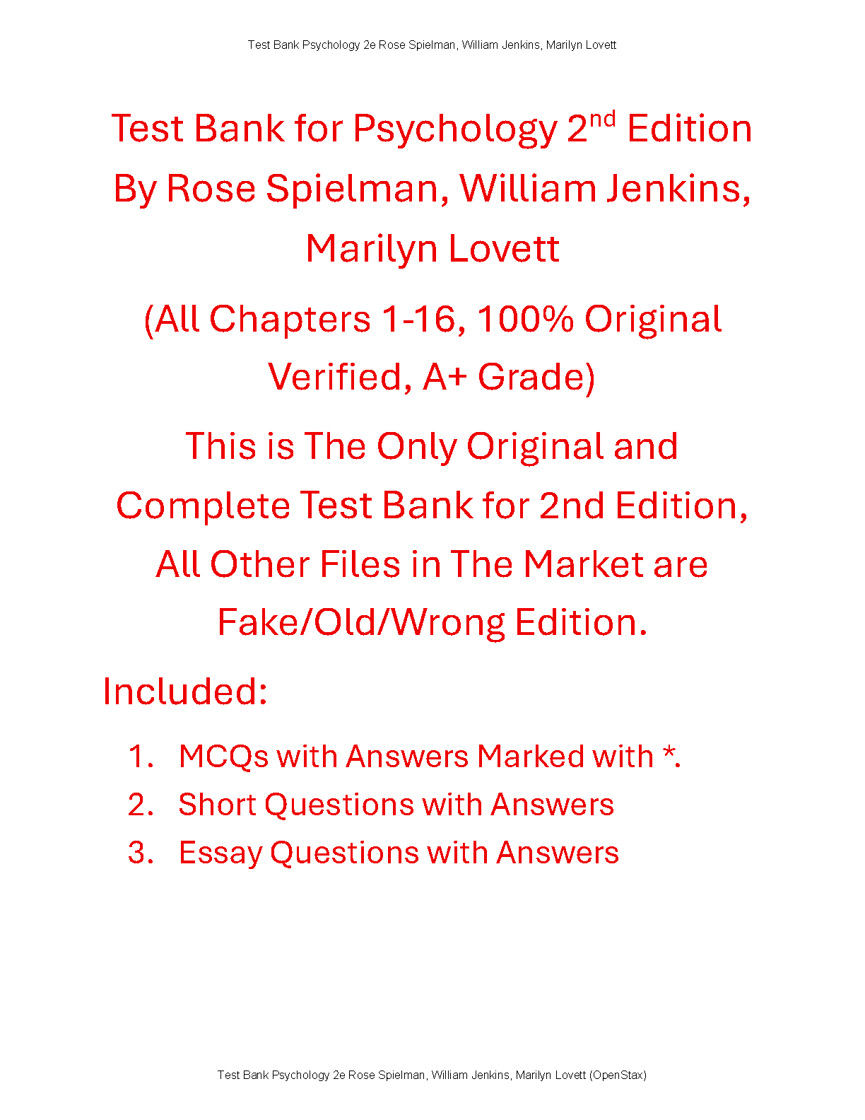 Psychology Test Bank Spielman 2nd Ed Complete Answers