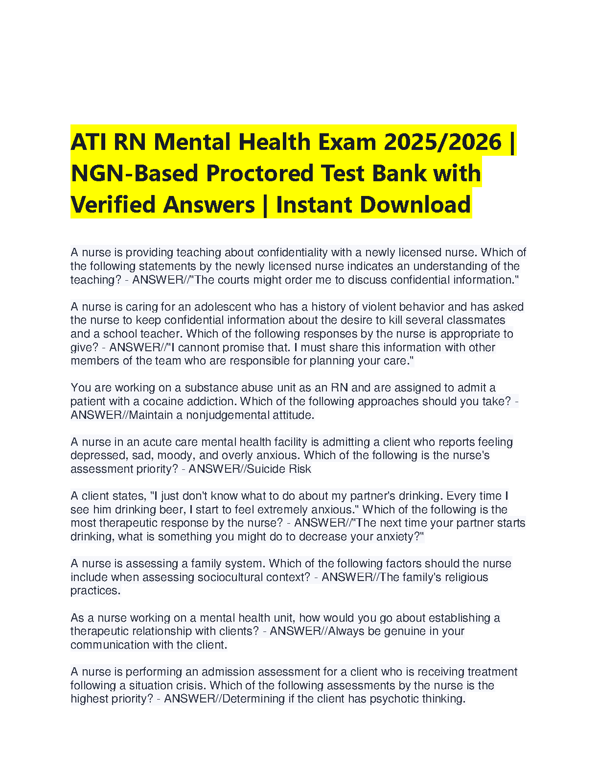 Mental Health Nursing Test Bank 12e 2026 NGN Qs IMG-1