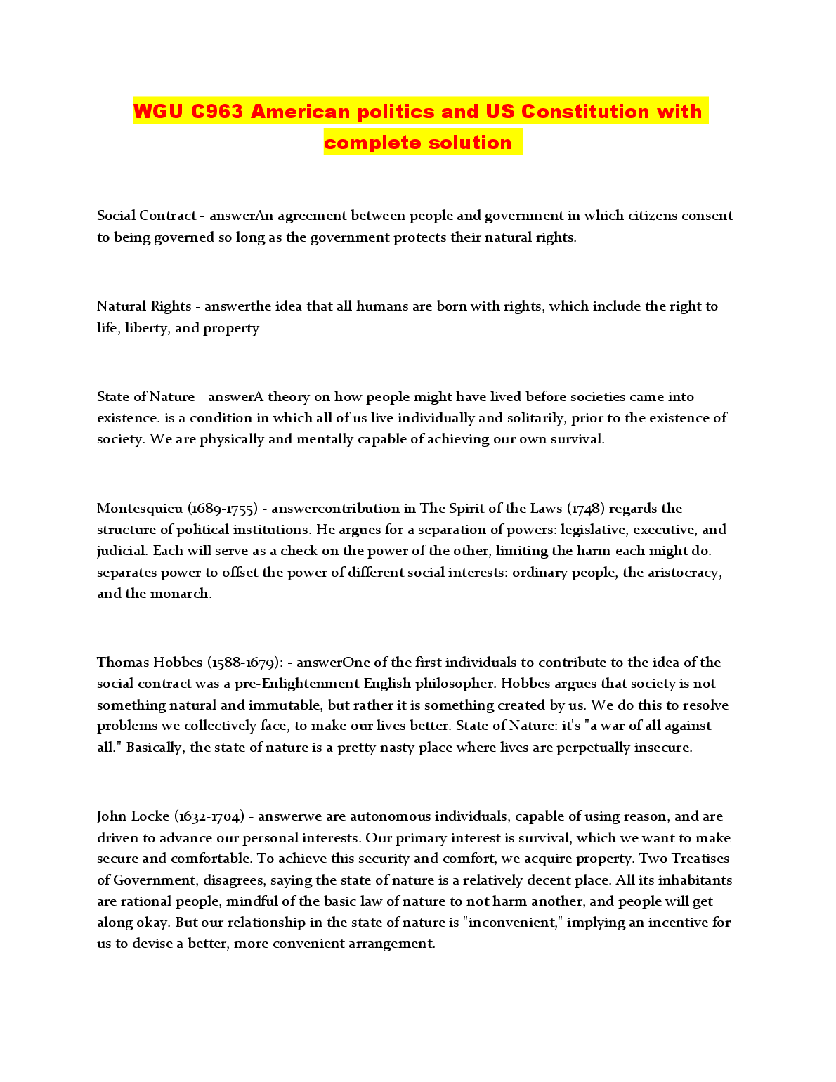 WGU C963 US Constitution & Politics Study Guide Solutions