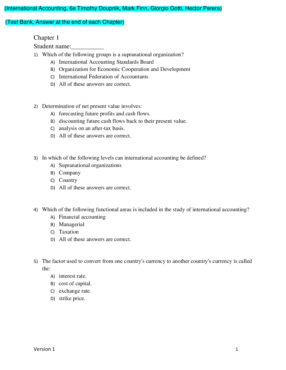 International Accounting 6th Edition TEST BANK