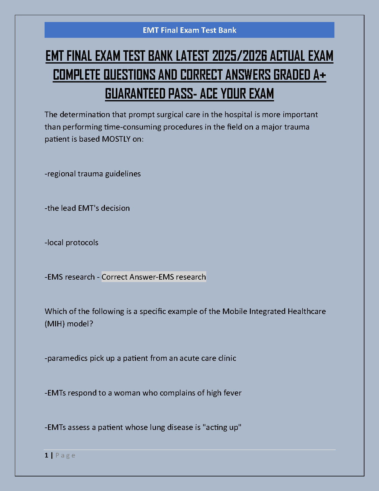 EMT Final Exam Test Bank 2026/27: AAOS 12th Ed. Verified Answers IMG-1