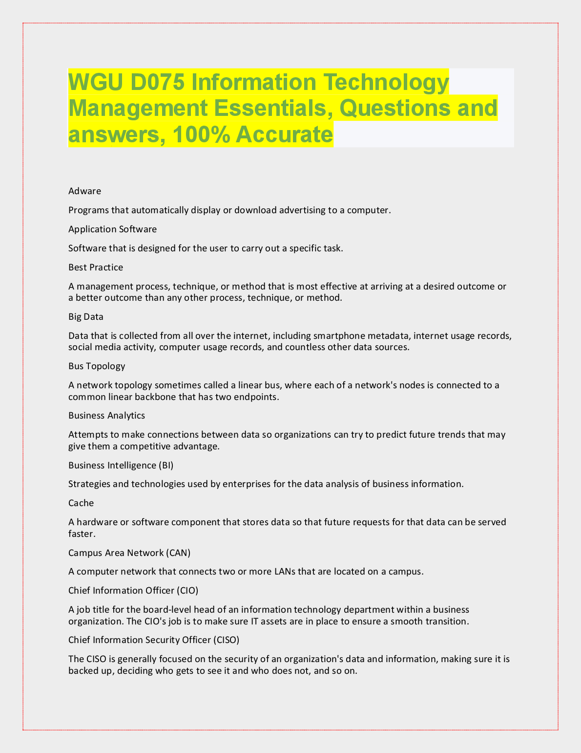 WGU D075 IT Management Questions and Answers 2024-2025