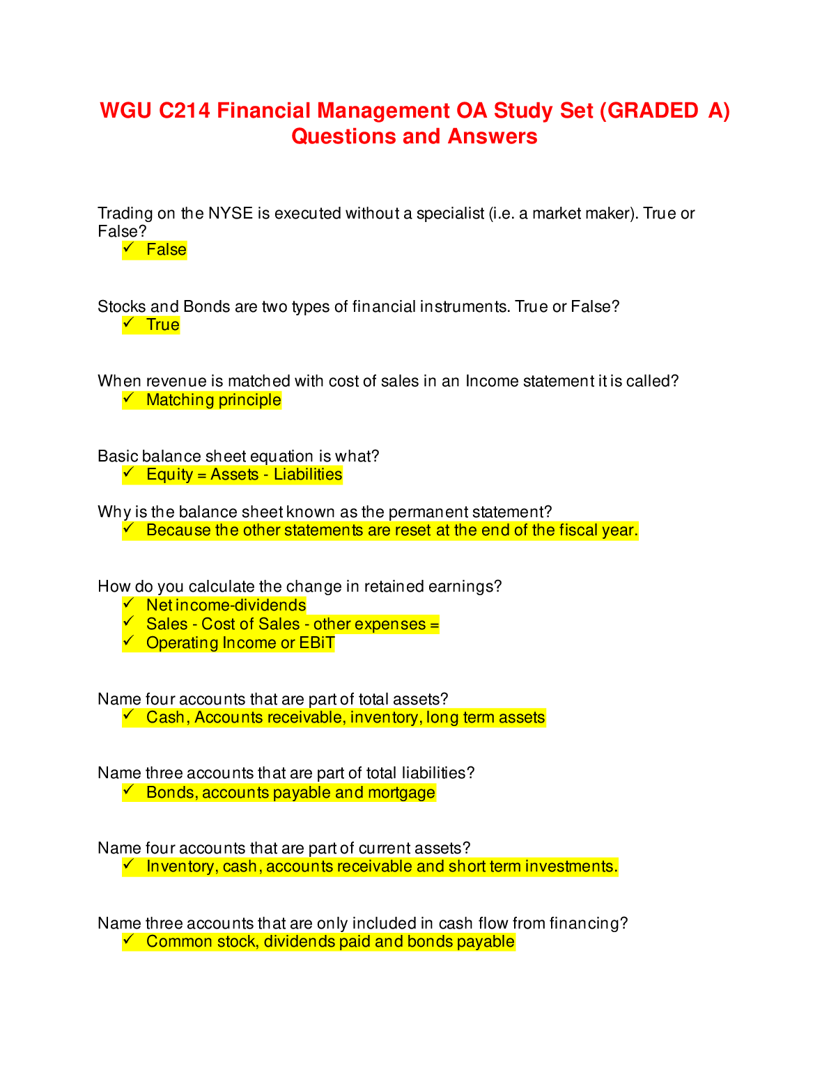 WGU C214 Financial Management OA Study Set 2024/2025