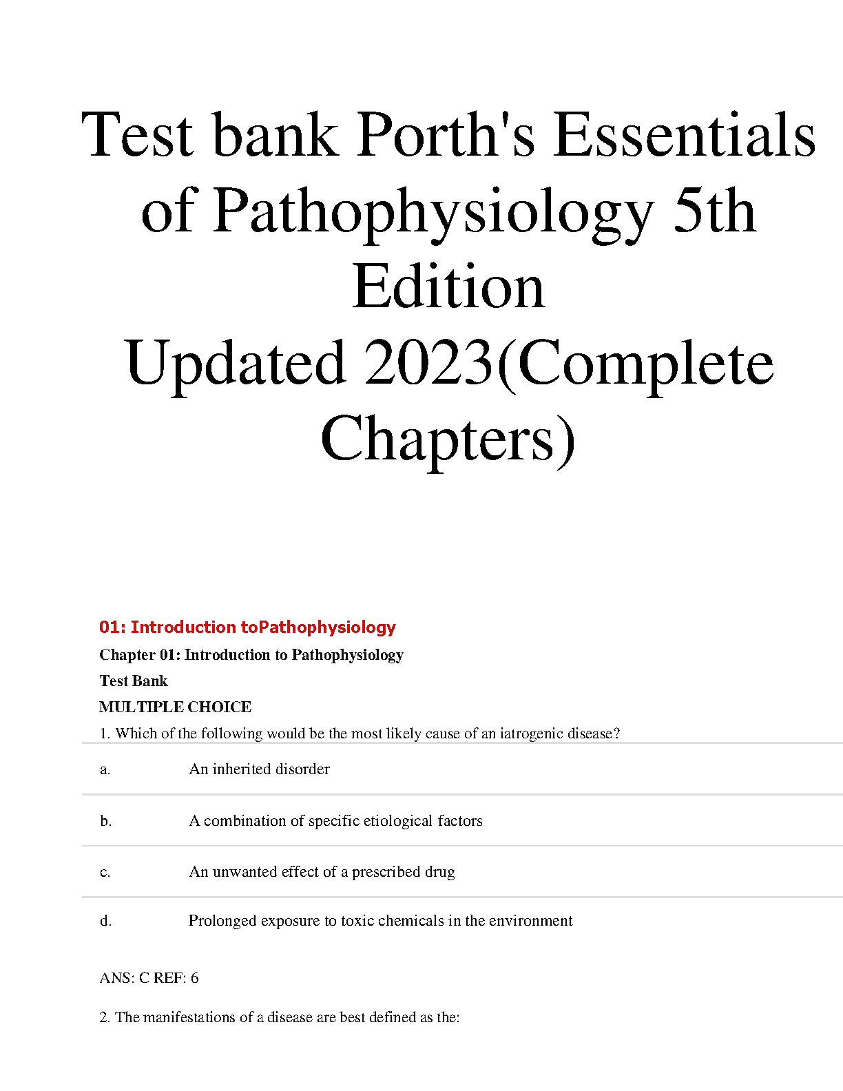 Pathophysiology Test Bank Porths 5th Ed 2026/27