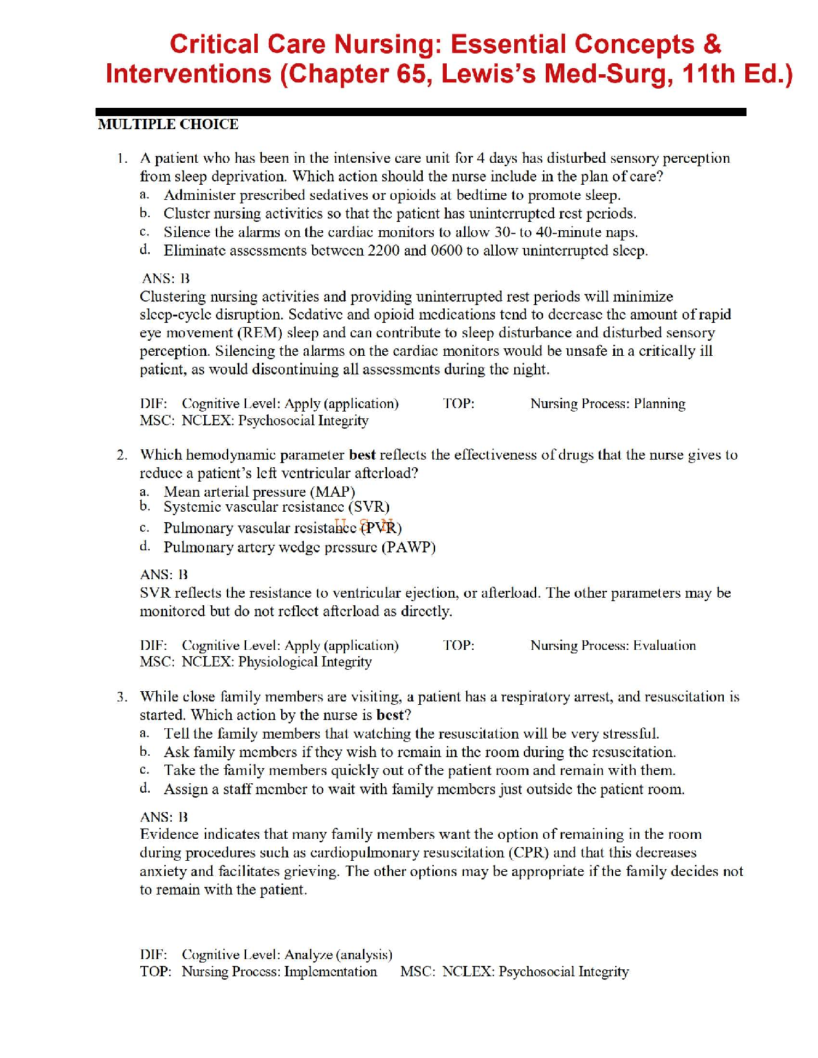 Critical Care Test Bank Nursing Ch 65 NCLEX Prep 2026/27