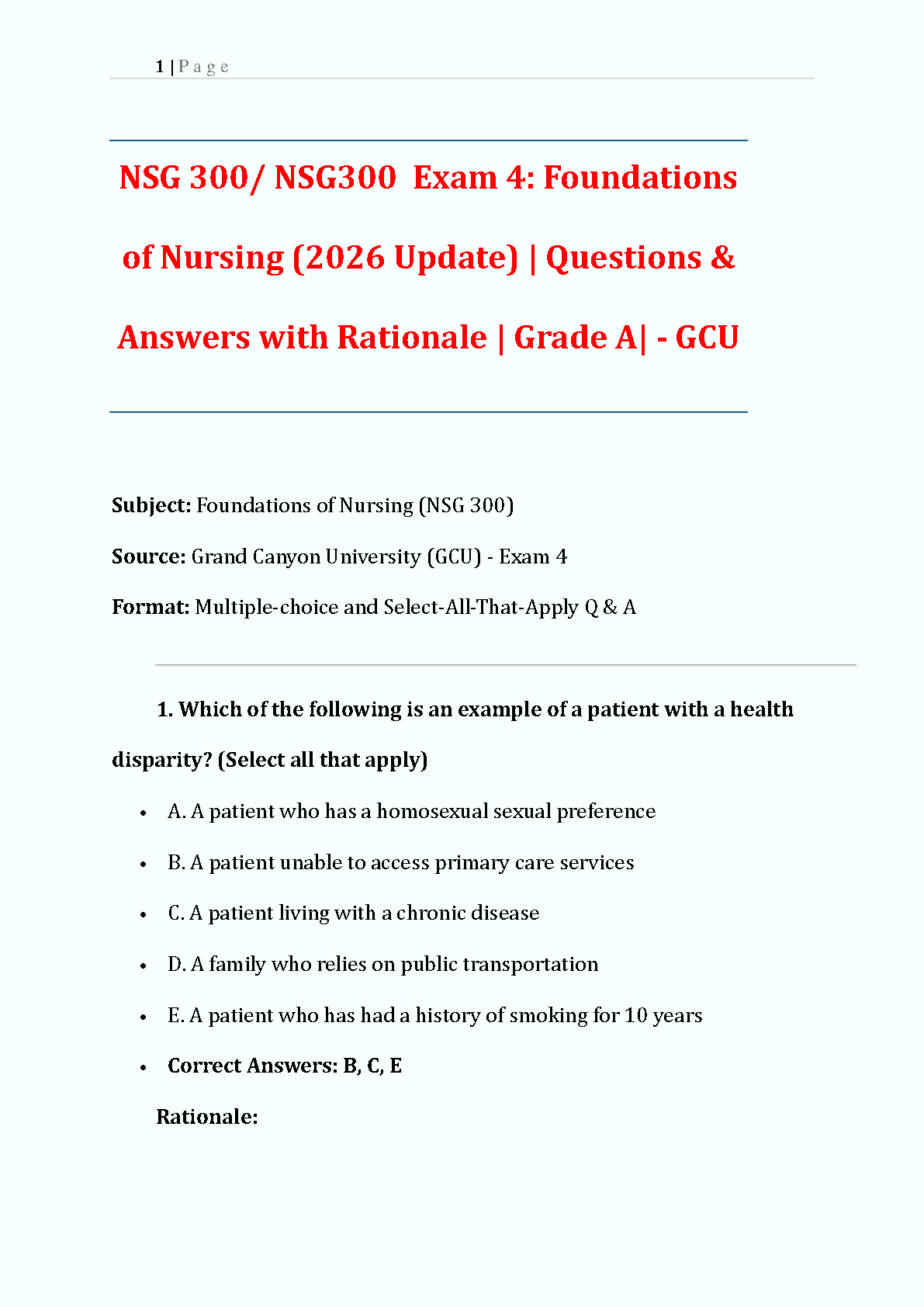 NSG 300 Exam 4 Test Bank GCU 2026 | Nursing Grade A Guide
