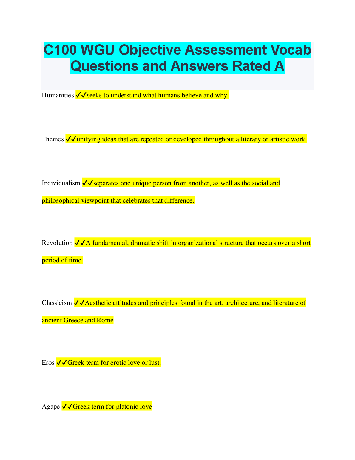 WGU C100 Objective Assessment Vocab Questions & Answers