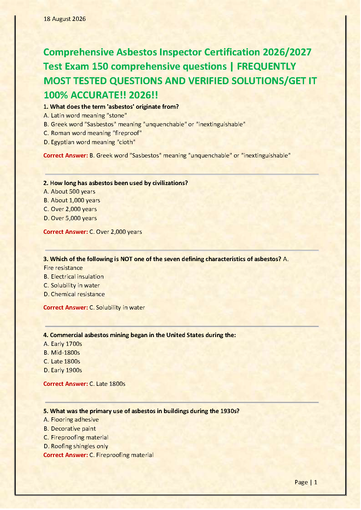 Asbestos Inspector Test Bank 2026/27 150 Qs OSHA EPA