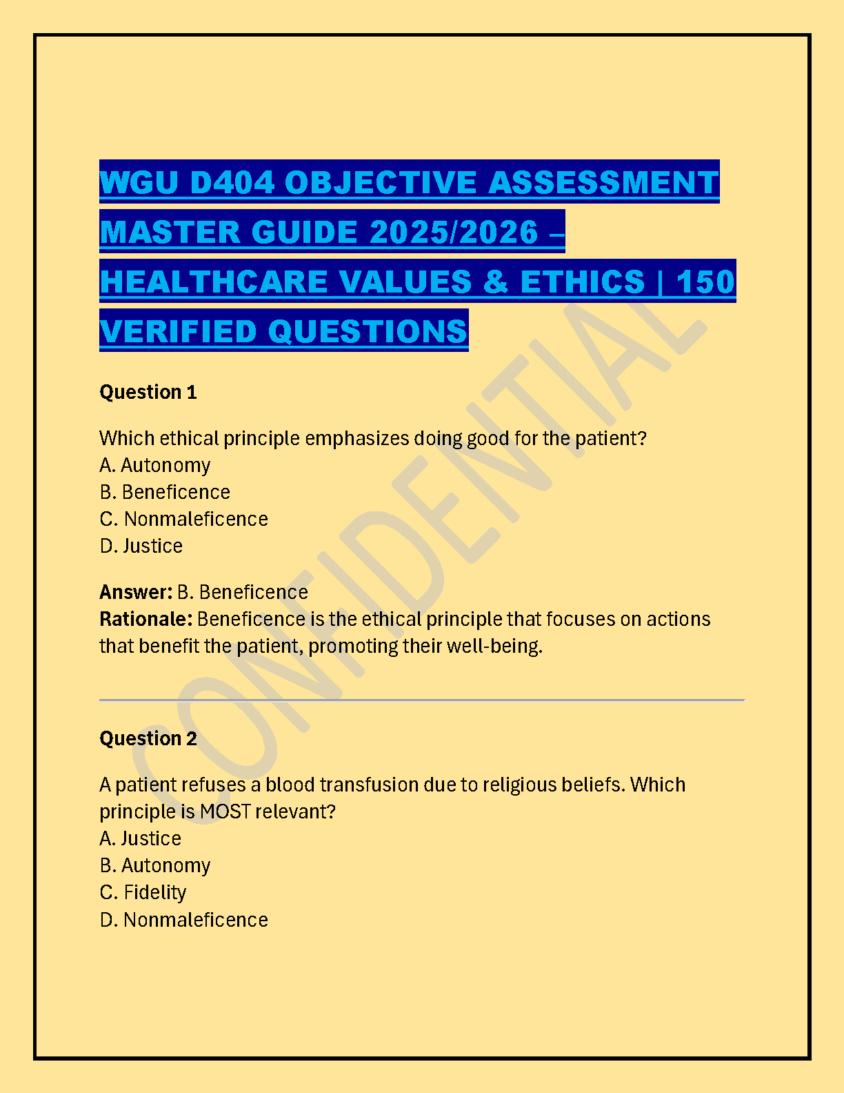 WGU D404 Healthcare Ethics Test Bank 150 Questions 2025
