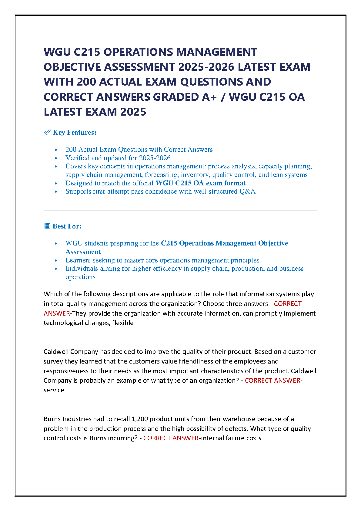 WGU C215 Ops Mgmt Exam Prep: 200 Qs & Answers