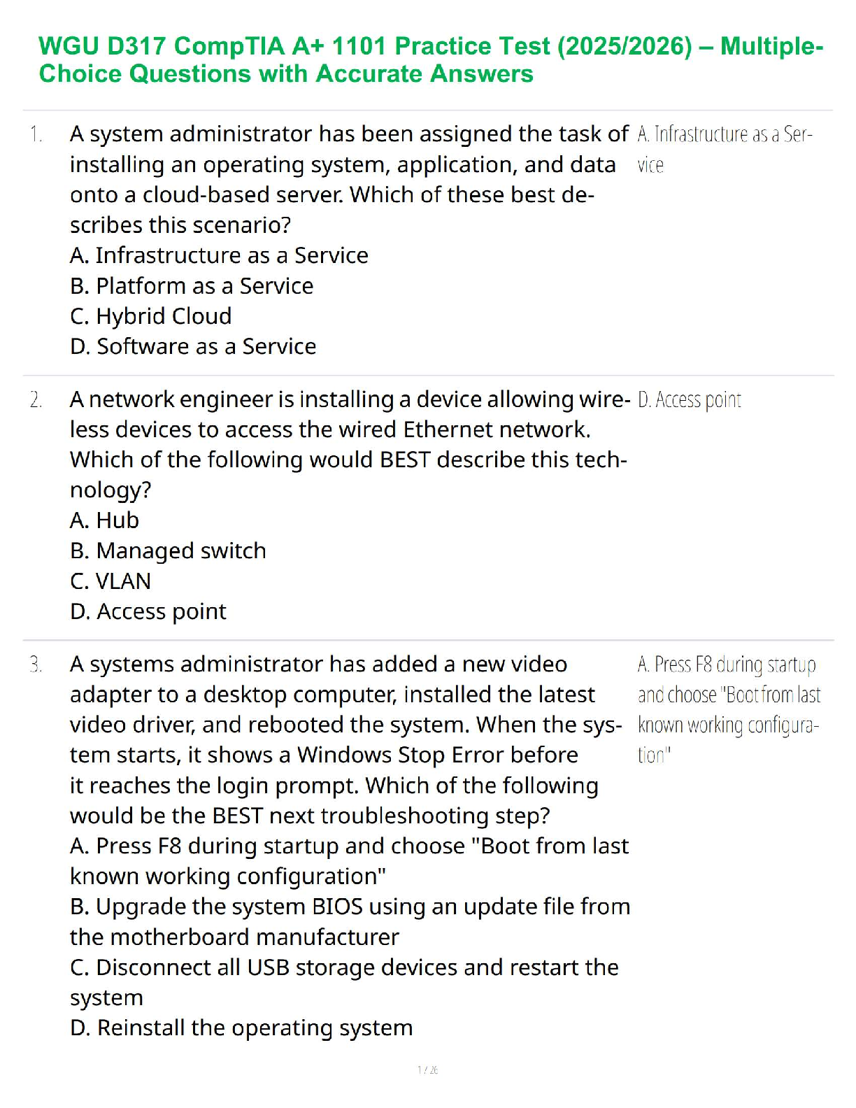 CompTIA A+ 1101 WGU D317 Test Bank 2025 Answers IMG-1